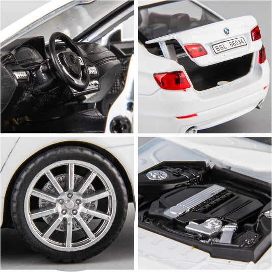 Collage of a white toy car with detailed features including steering wheel, rear view, tire, and engine compartment.