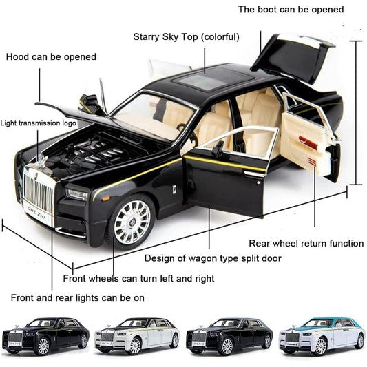 Model car with open doors and trunk, labeled features on a white background