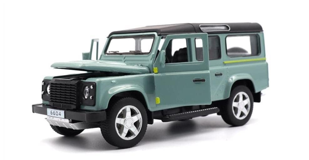 Model of a green Land Rover Defender on a white background