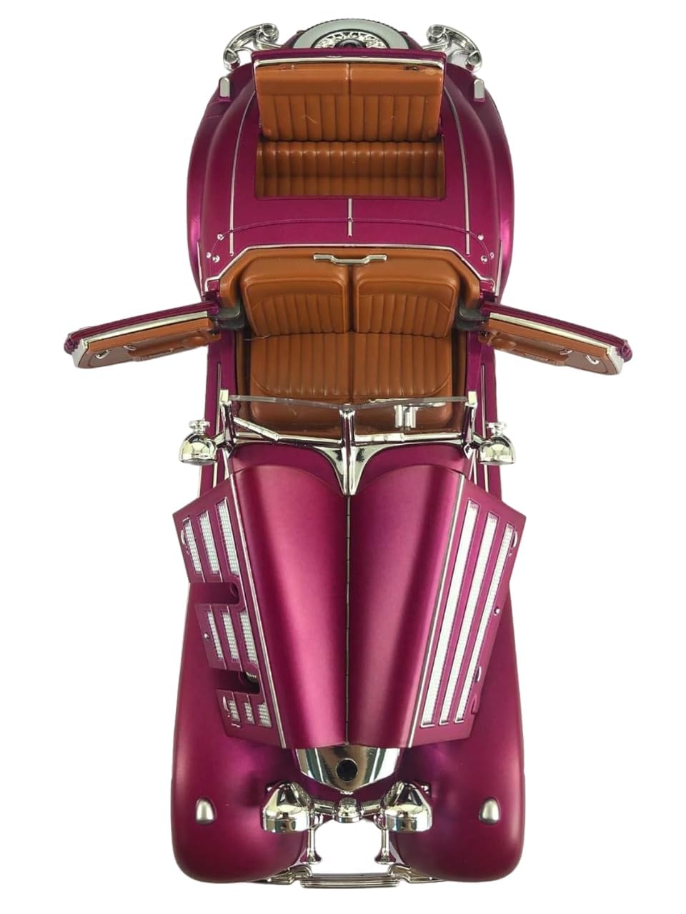 Top view of a vintage car model with a purple body and brown interior on a white background