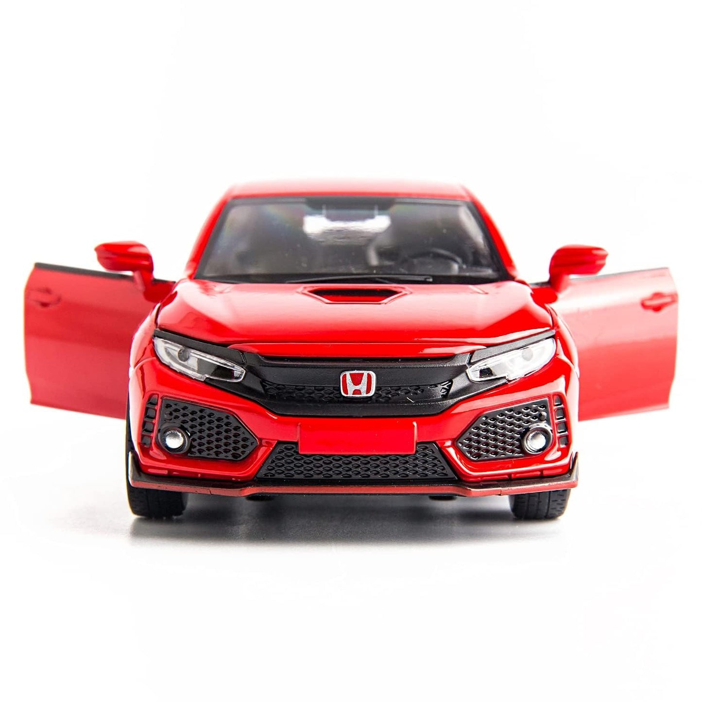 Red Honda car model with open doors on a white background