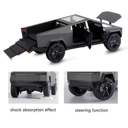 Model of a black pickup truck with open doors and a flatbed, showing shock absorption and steering functions.