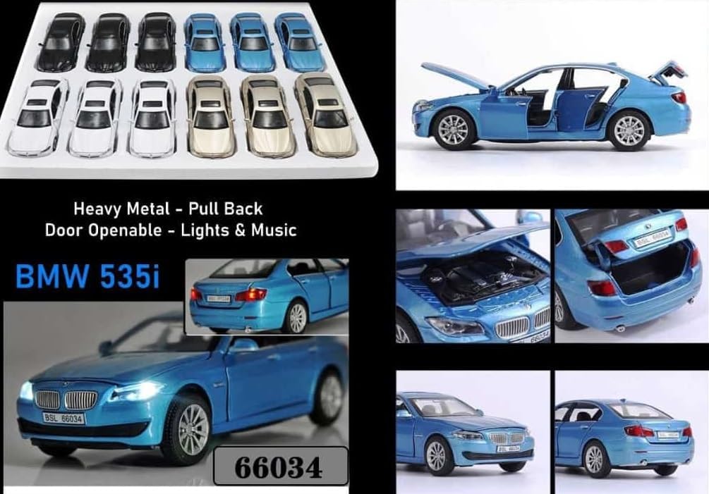 Collage of BMW 535i toy car with features highlighted on a white background