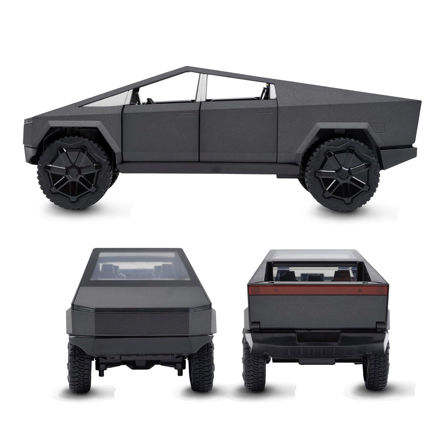 Three views of a futuristic black truck on a white background