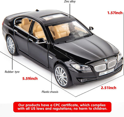 Black model car with measurements and product safety information on a white background