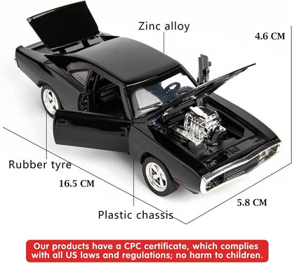 Black model car with labeled parts and dimensions on a white background