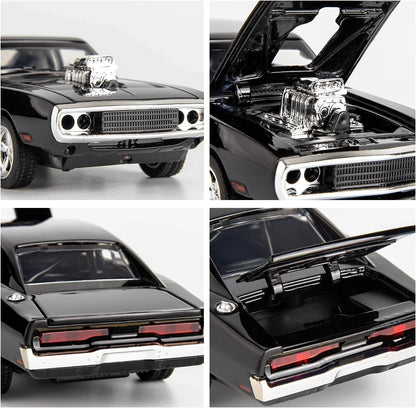 Collage of a black muscle car model with open hood and trunk on a white background