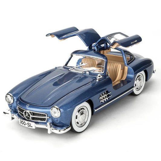 Blue model car with open doors on a white background