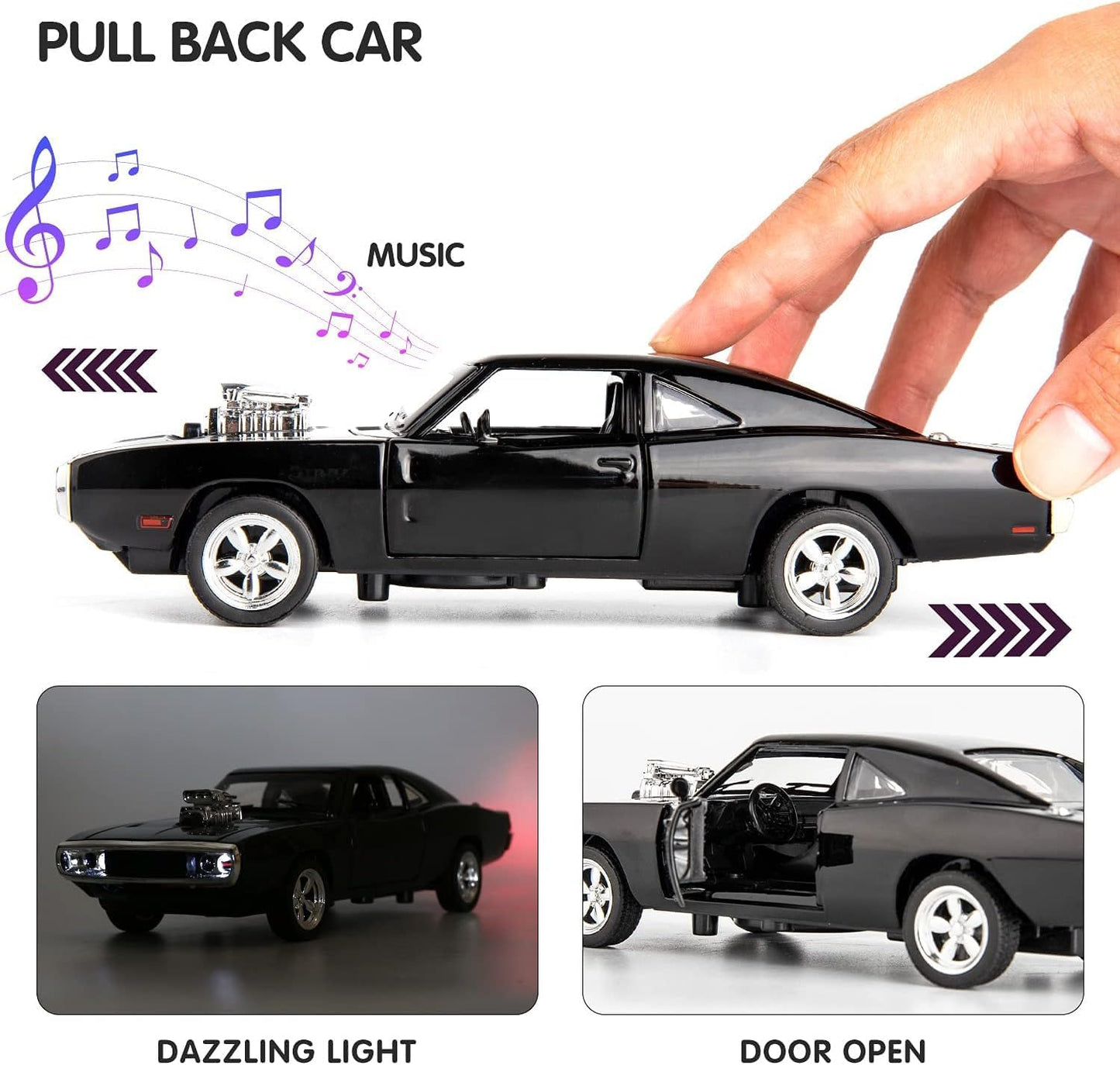 Black toy car with music, light effects, and open door feature, held by a hand.