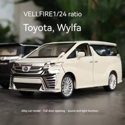 Model toy car of a Toyota Vellfire with text indicating ratio and features.