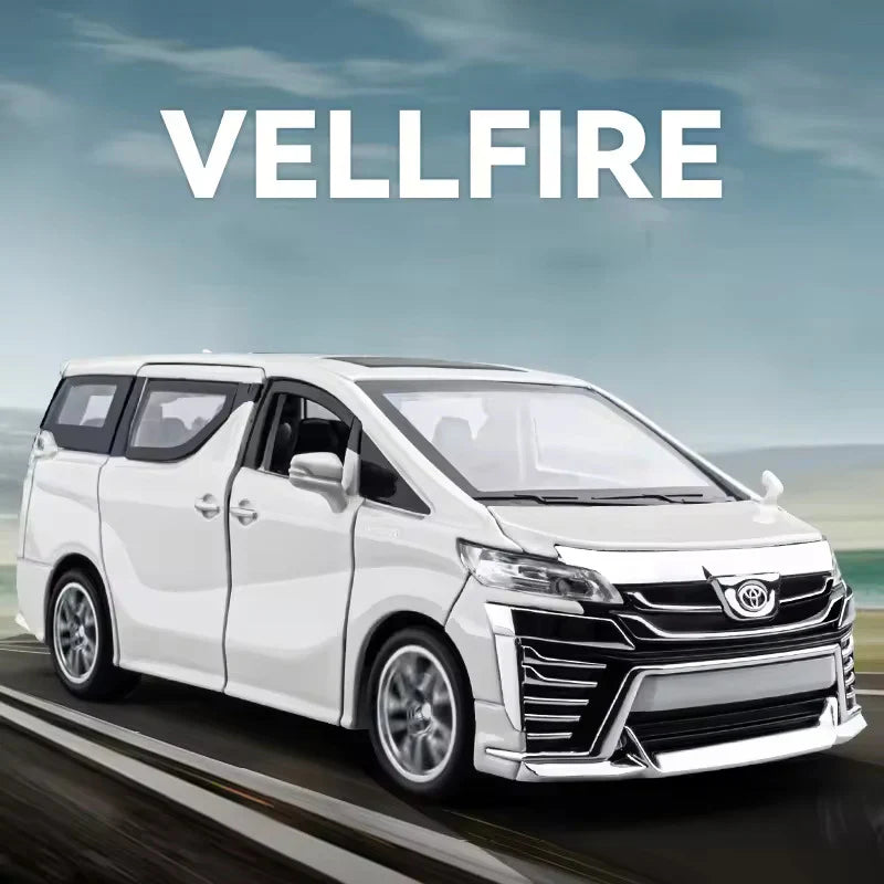 White Toyota Vellfire minivan on a road with a scenic background