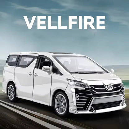 White Toyota Vellfire minivan on a road with a scenic background